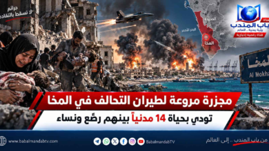 قناة باب المندب الرقمية: مجزرة مروعة لطيران التحالف في المخا تودي بحياة 14 مدنياً بينهم رضّع ونساء